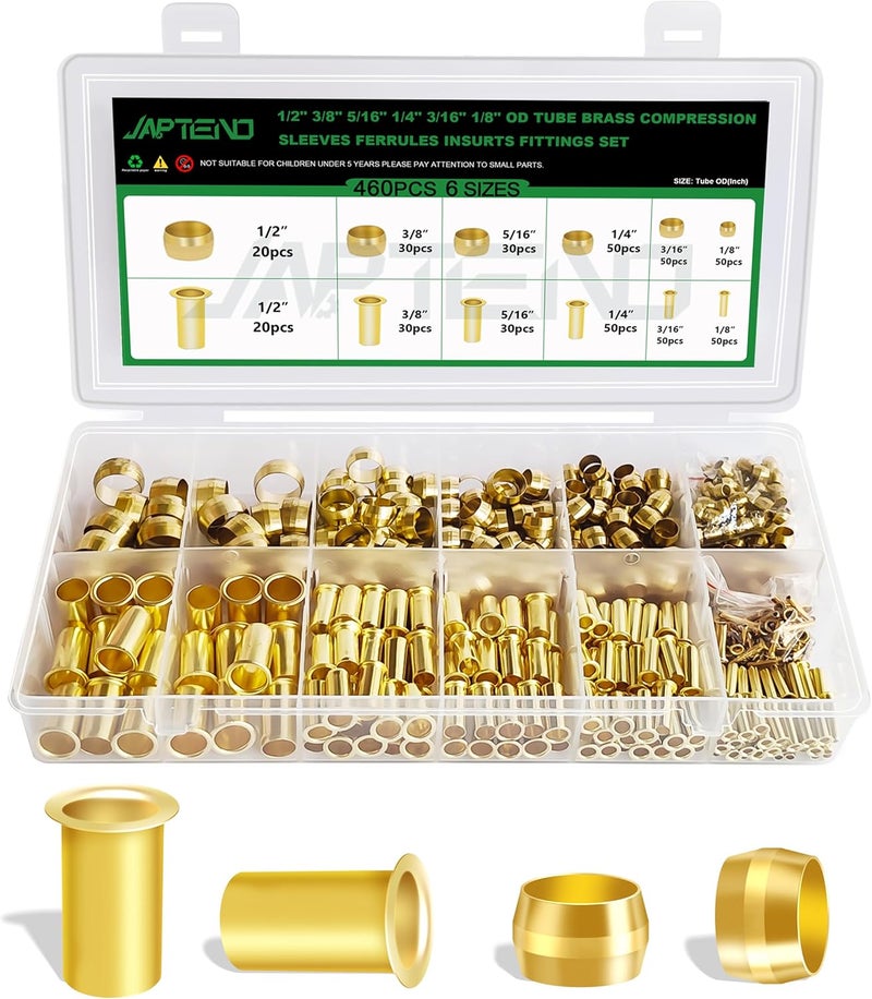Japtend 460pcs Brass Compression Sleeves Ferrules Inserts Fittings Assortment Kit, 1/2" 3/8" 5/16" 1/4" 3/16" 1/8" 6 Sizes Hose Repair Kit of Air Water Fuel Oil Gas Tube Lines - Image 1